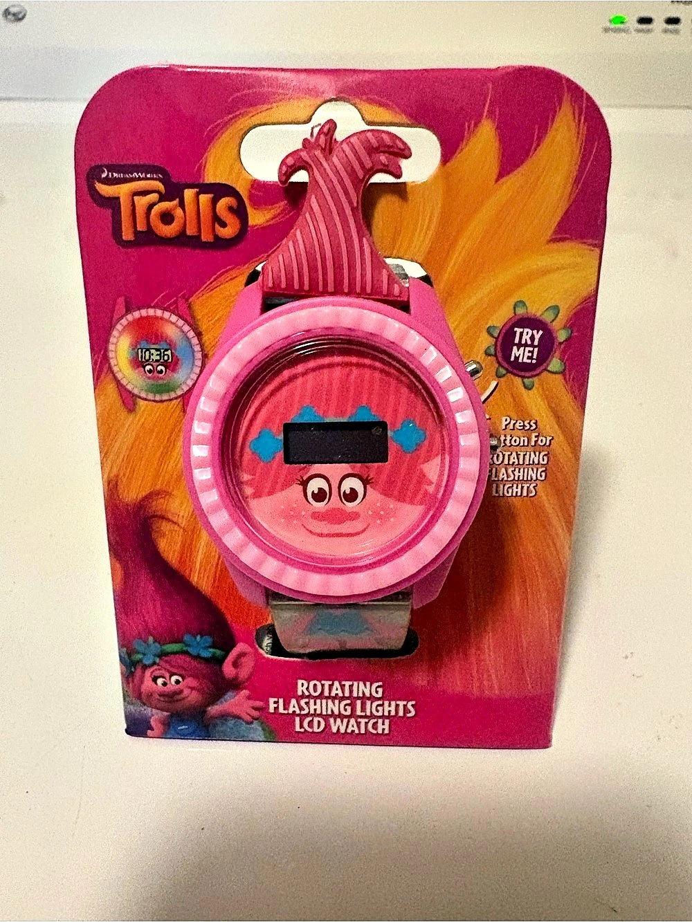 Trolls Rotating Flashing Lights LCD Watch Pink & Blue NWT